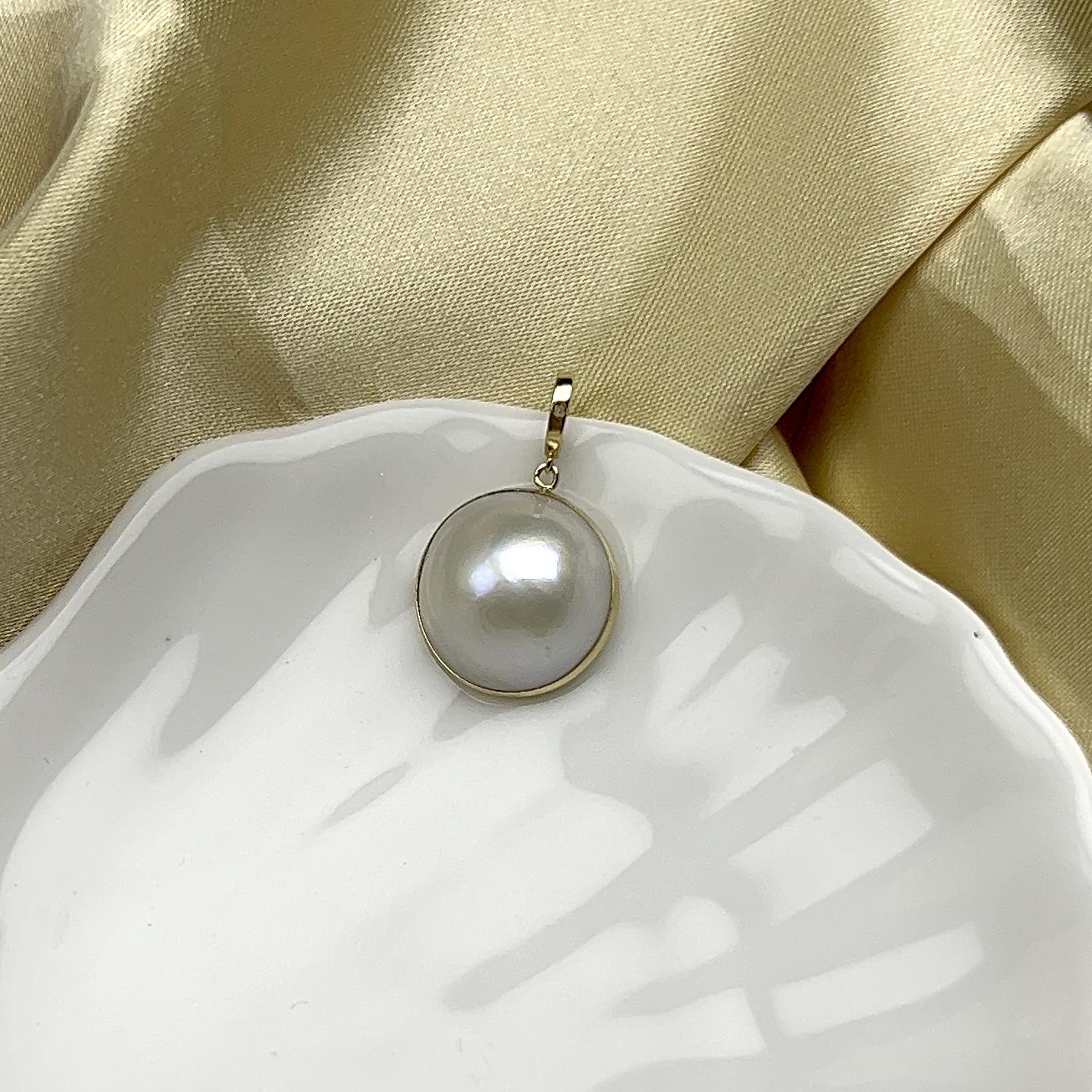 日本天然海水马贝珍珠15-16mm万能扣吊坠18k钻石