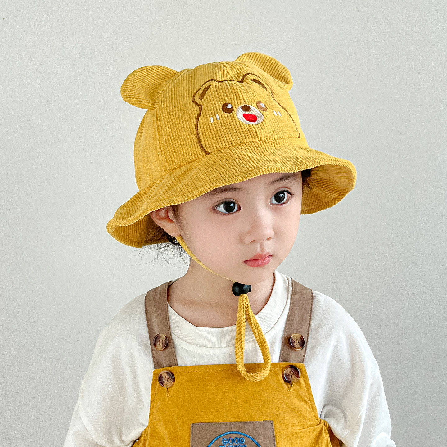 宝宝渔夫帽子秋冬季儿童盆帽可爱小熊2-3-4-5岁男童女童灯芯绒帽