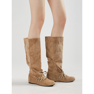 韩国小众设计绒面褶皱堆堆靴女内增高大筒围长筒靴不过膝骑士靴女