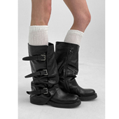 2025新款 韩国小众复古粗跟褶皱堆堆靴西部牛仔骑士靴女长筒裤 管靴