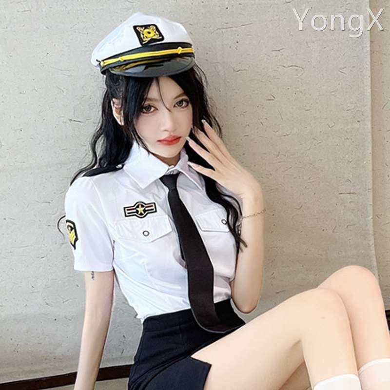 夏季网红直播衣服女主播纯欲空姐jk制服短袖白色衬衣领带衬衫上衣