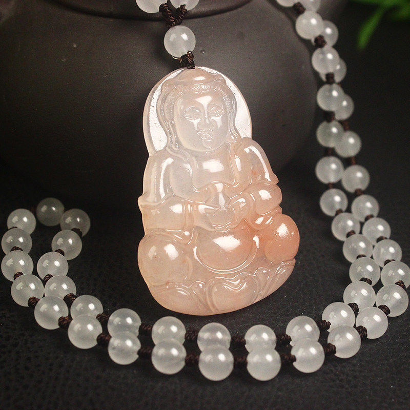 正品桂林鸡血玉贵妃料观音吊坠项链纯天然粉色玉石带证书时尚冰透