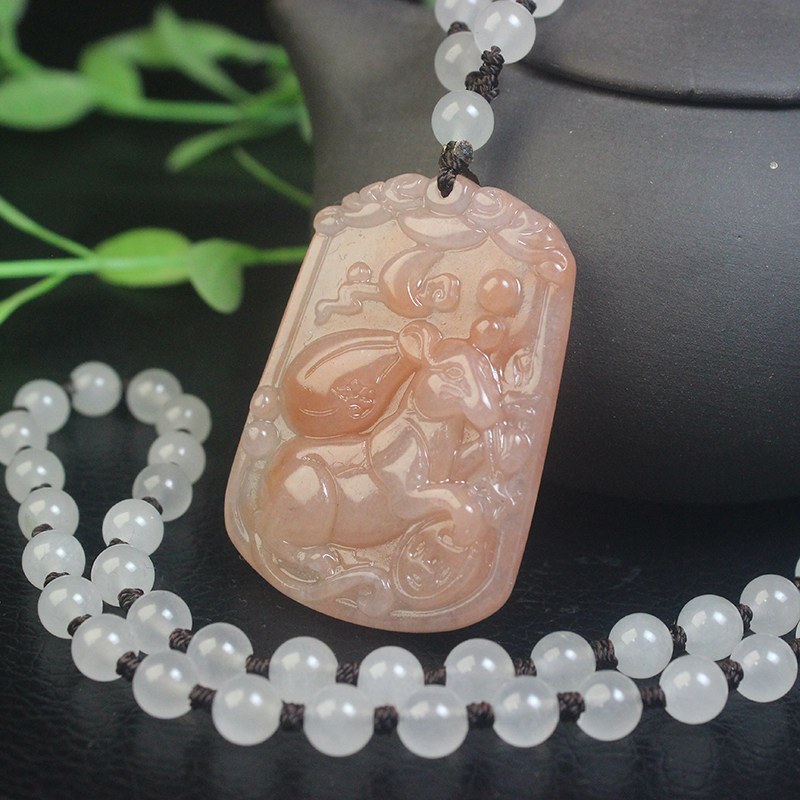 正品桂林鸡血玉贵妃料属鼠十二生肖吊坠项链粉色纯天然玉石带证书