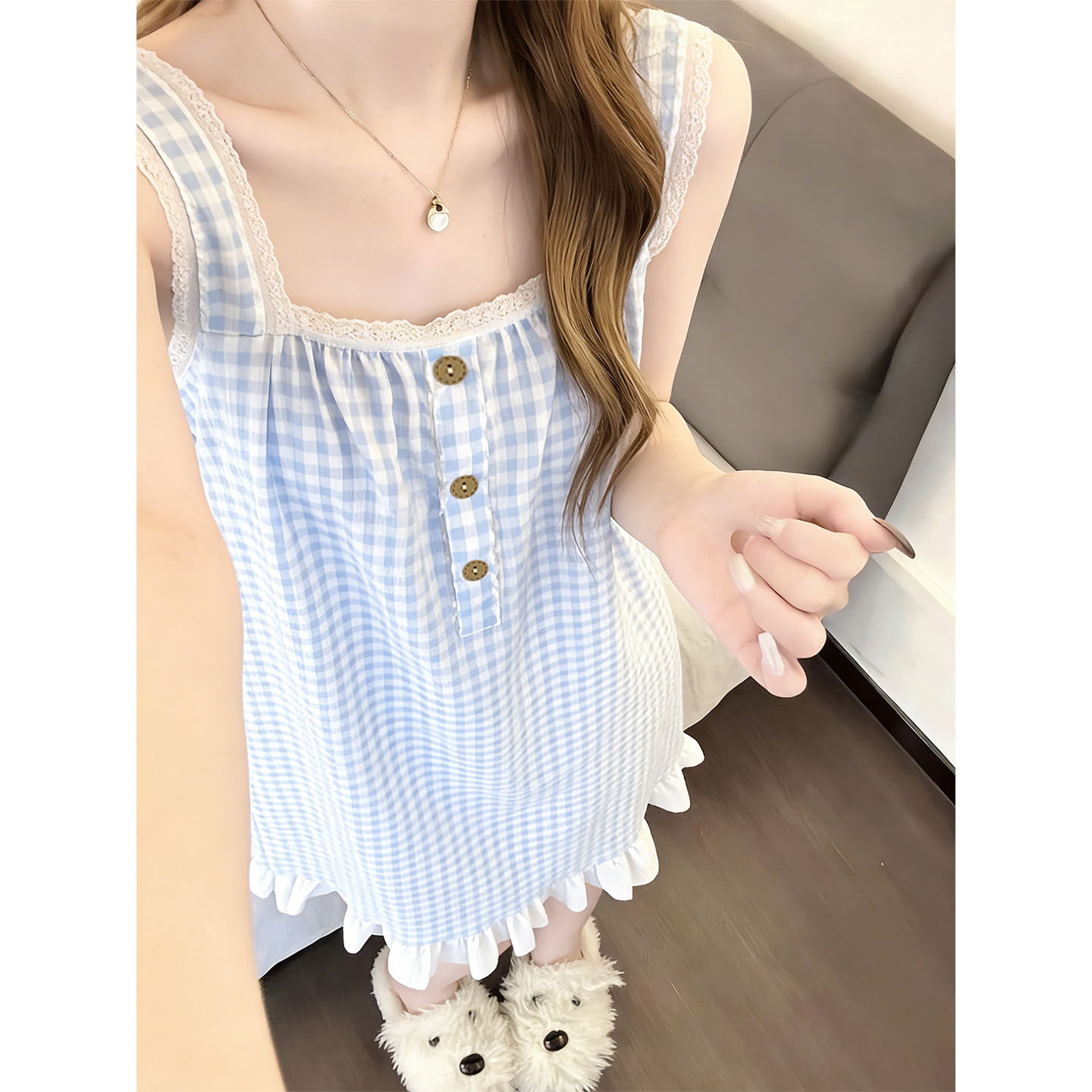 蓝色格子带胸垫吊带睡裙女夏季新款甜美花边高级感无袖家居服睡衣