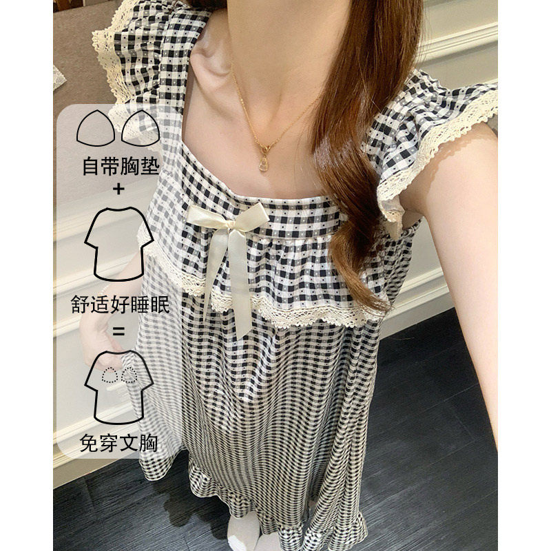 夏季小飞袖带胸垫睡裙女2025新款格子高级感睡衣连衣裙无袖家居服