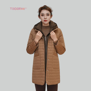 泰格女装冬装时尚连帽可脱卸中长款棉服宽松加大码中年女装