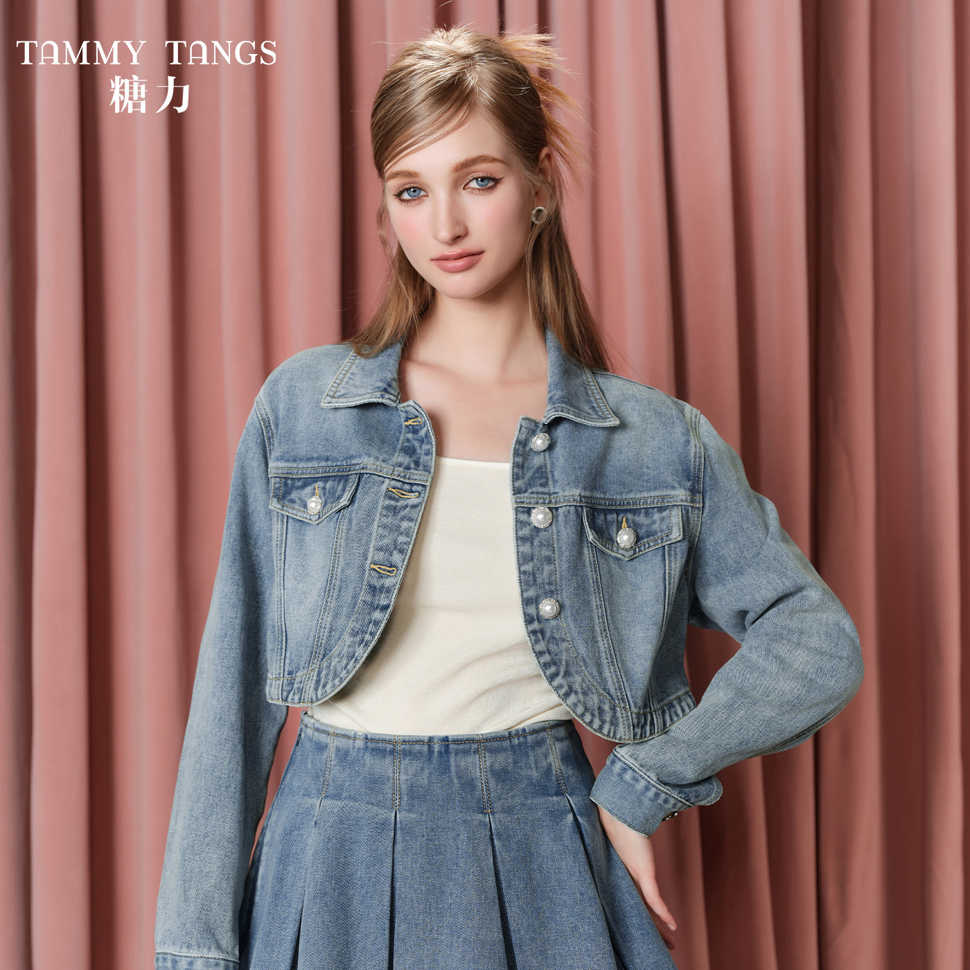 商场同款糖力 春秋季浅蓝色珍珠扣纯棉丹宁牛仔外套女短款小个子,女装/女士精品,短外套,淘宝优惠券,粉丝福利购,淘宝优惠卷