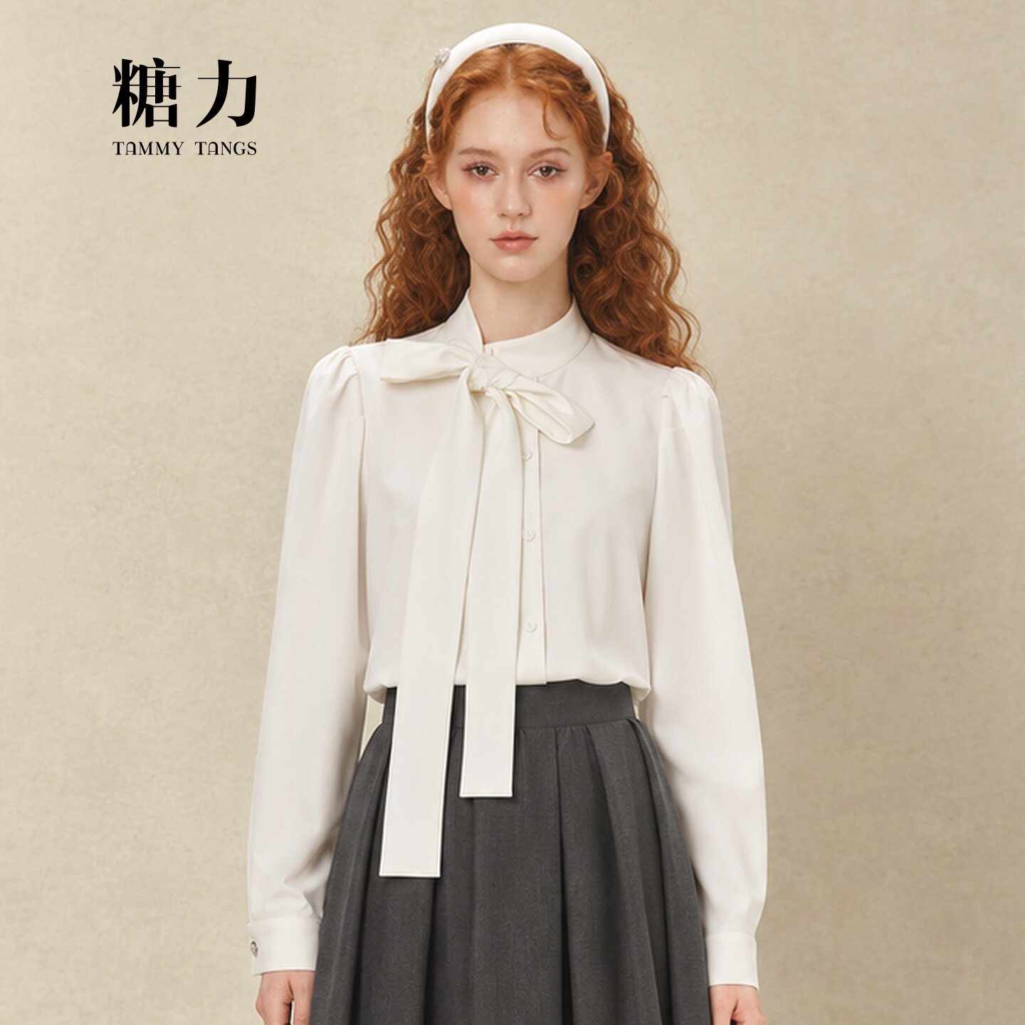 糖力百搭长袖蝴蝶结飘带衬衫女图片