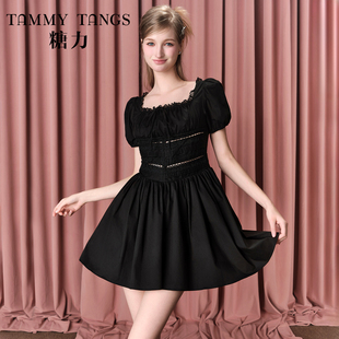 小心机蕾丝镂空连衣裙女夏季 糖力黑色少女芭蕾风短袖 商场同款