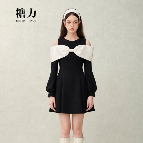 糖力甜美卫衣连衣裙女拼色蝴蝶结