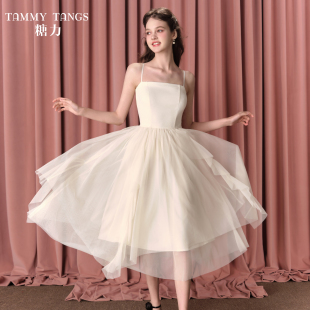 裙子夏 仙气不规则网纱吊带连衣裙女高腰显瘦中长款 商场同款 糖力