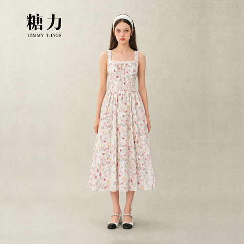 糖力法式宫廷风印花吊带连衣裙女