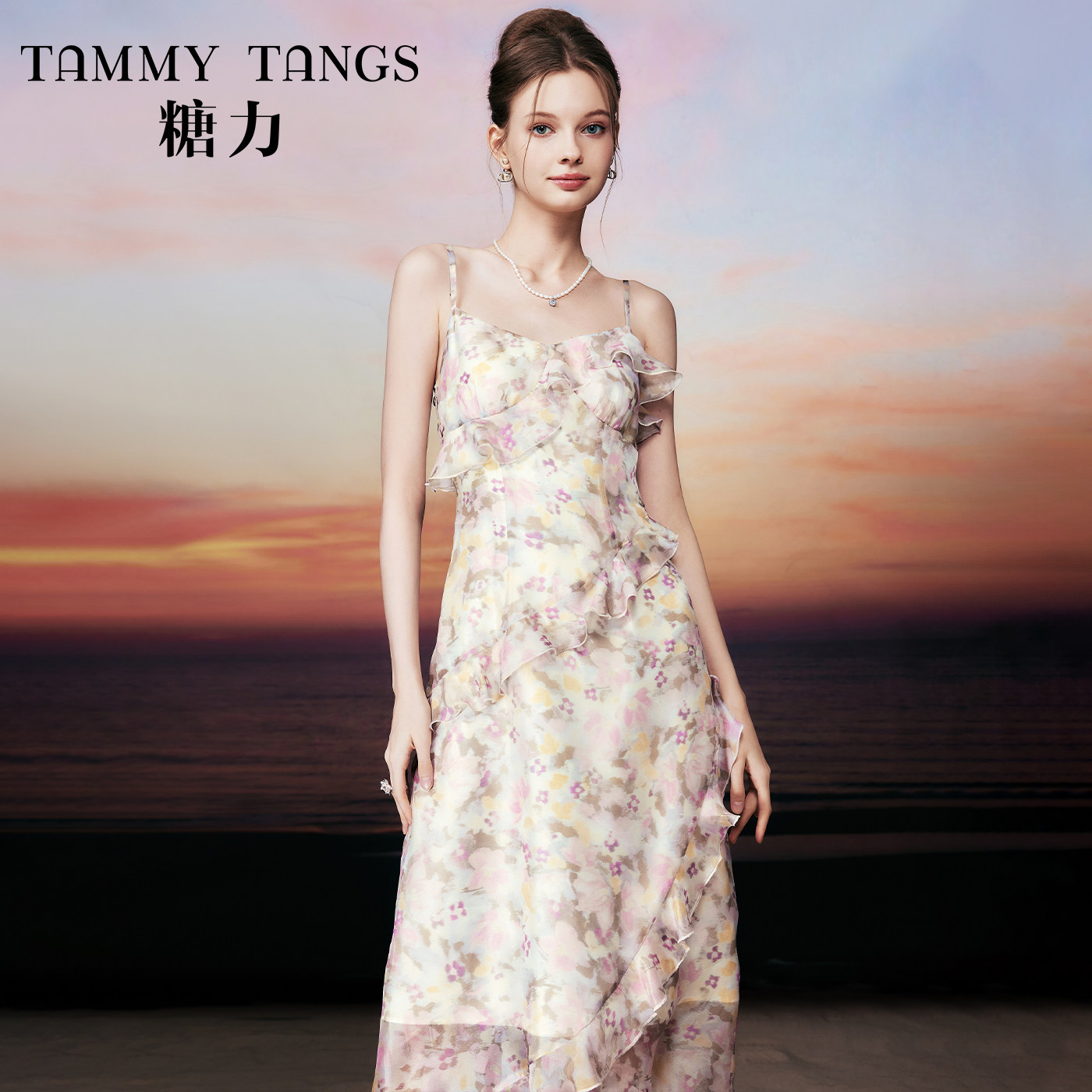 商场同款糖力 海岛度假裙子 夏季琉璃纱印花吊带连衣裙女中长款