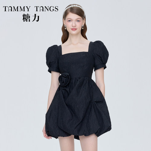 糖力法式短袖肌理提花花苞连衣裙