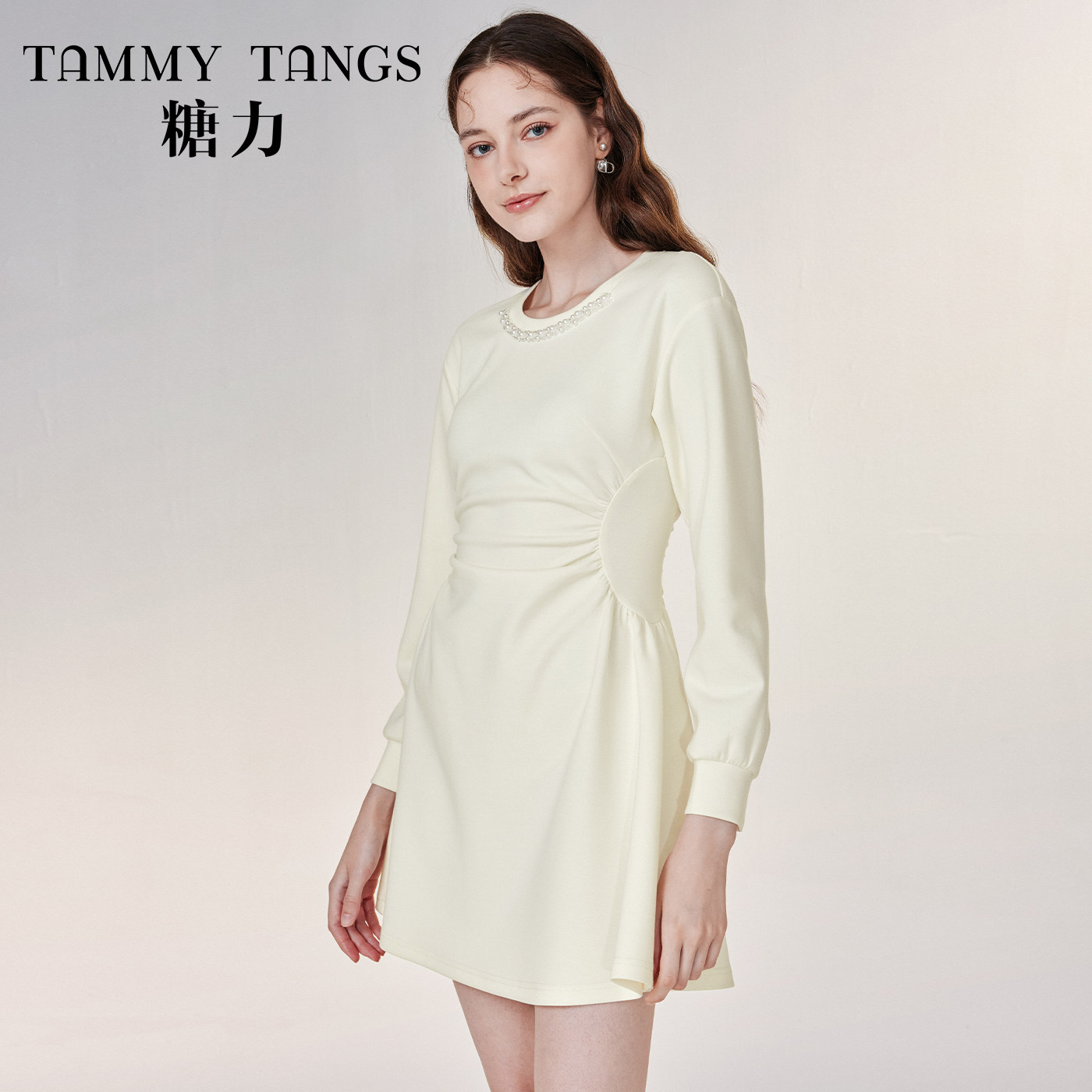 【商场同款】糖力 春秋季新款长袖珍珠装饰收腰显瘦卫衣连衣裙女