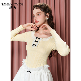 商场同款糖力 闺房纯欲风 蕾丝边打底针织衫女套头收腰显瘦上衣