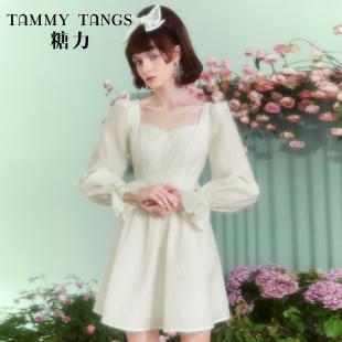 长袖 温柔淑女 糖力 精致提花后背镂空蝴蝶结连衣裙女 商场同款