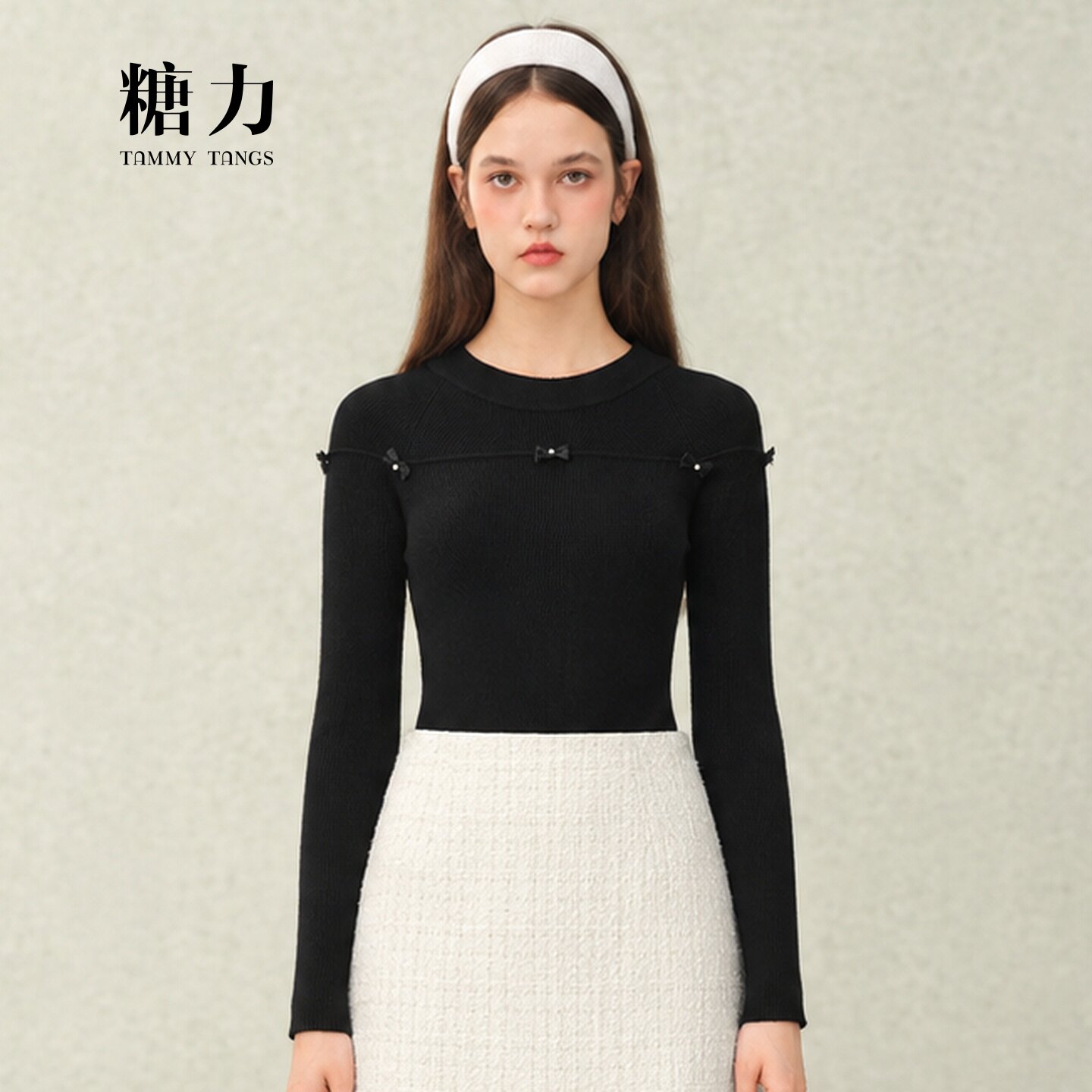 糖力 百搭通勤钻饰蝴蝶结针织衫女秋冬季套头修身打底衫上衣