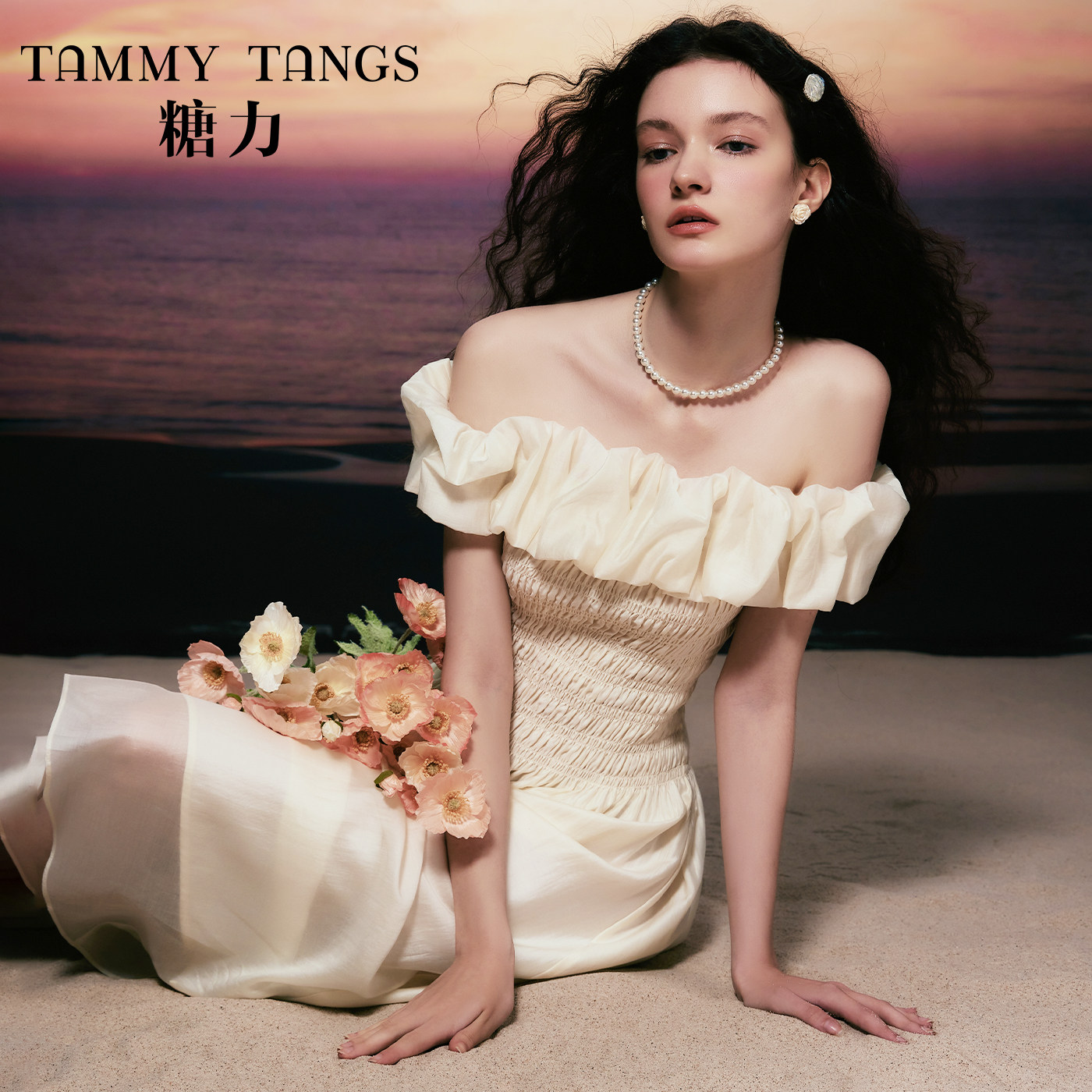 商场同款糖力 泡泡云朵莱赛尔长裙 高腰显瘦打揽一字肩连衣裙女夏