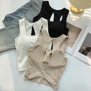 性感镂空美背背心女外穿短款 打底辣妹上衣 吊带内搭带胸垫一体无袖
