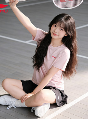 李宁羽毛球服女生2026新款超好看粉色速干圆领上衣速干运动服套装