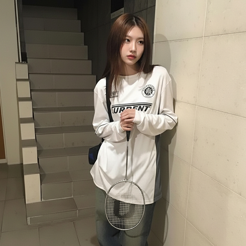 高颜值羽毛球服女士长袖t恤宽松运动舒服美式复古风女羽毛球上衣
