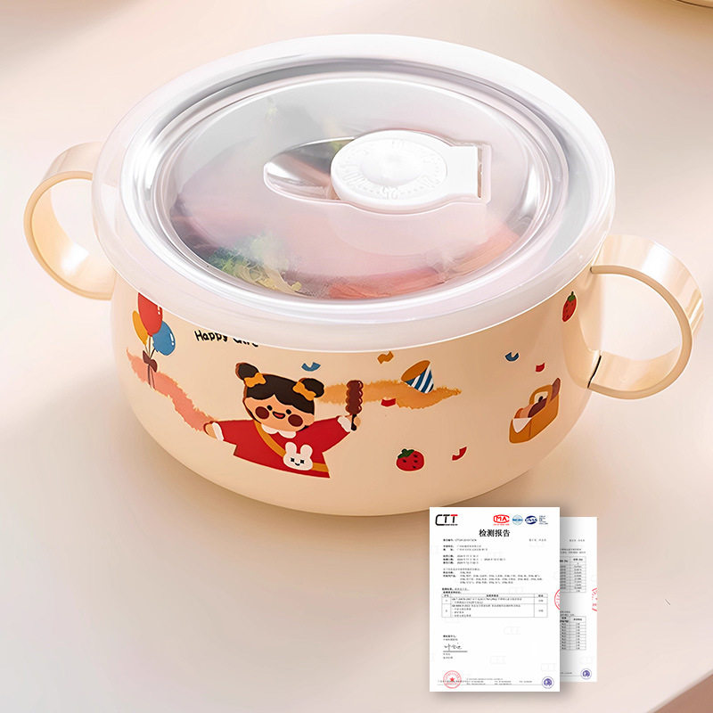 316不锈钢儿童防烫双耳碗宝宝汤碗 可爱卡通婴幼儿带吸盘辅食碗