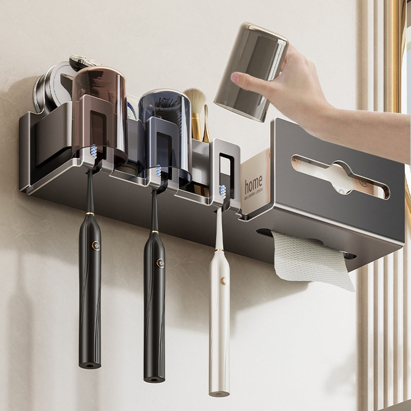 吸盘牙刷置物架免打孔卫生间厕所挂墙式漱口杯牙膏一体收纳纸巾盒