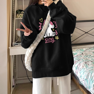 黑色圆领加绒加厚卫衣女秋冬2024新款外套小众设计感宽松纯棉上衣