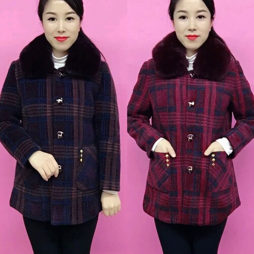 秋冬新款翻领加绒加厚格子外套女