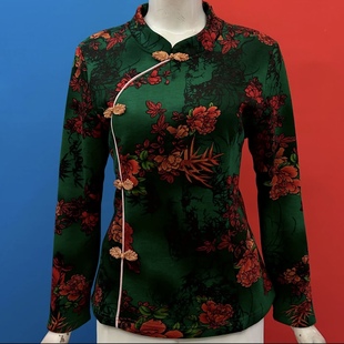 秋冬新款女士加绒保暖打底衫中老年妈妈盘扣国风上衣时尚花色小衫