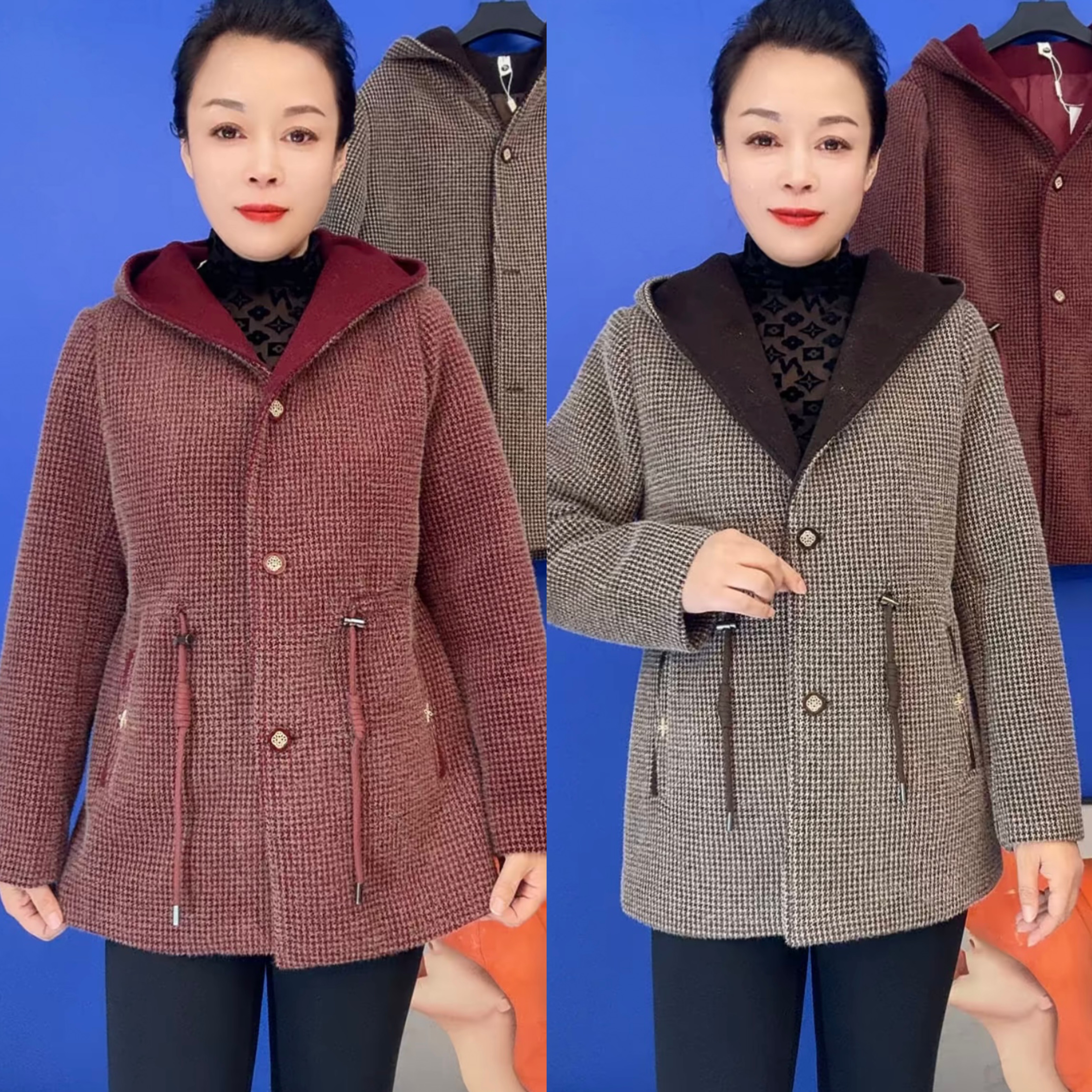 春秋新款女士连帽呢子外套洋气高档中老年妈妈装时尚百搭保暖大衣