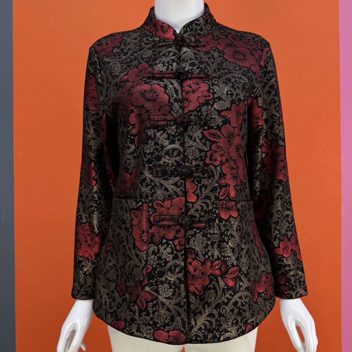 秋冬加绒花色中老年女装盘扣上衣