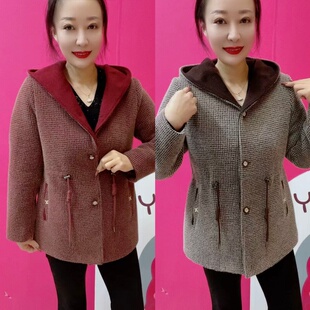 春秋新款时尚千鸟格收腰连帽外套休闲百搭中长款女士风衣洋气大衣