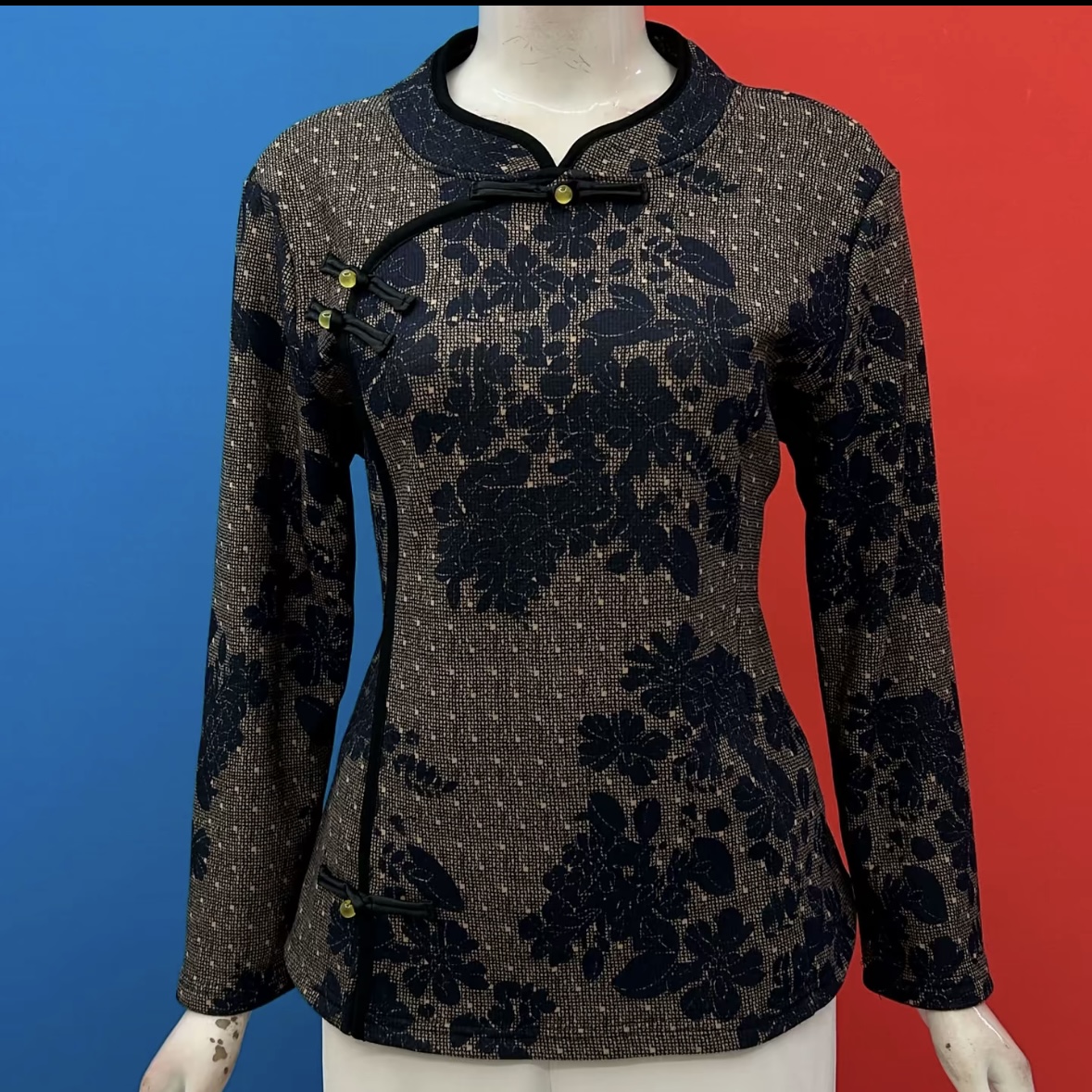 秋冬加绒花色国风女士小衫洋气潮