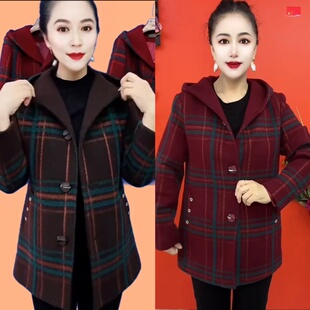 格子外套洋气女士连帽上衣百搭休闲中长款 潮 中老年妈妈装 春秋新款