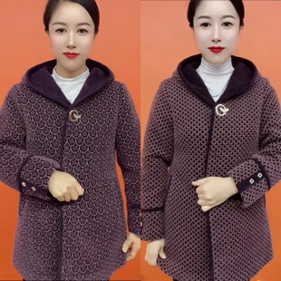 秋冬新款女士加棉保暖外套中老年妈妈装连帽中长款呢子大衣洋气潮
