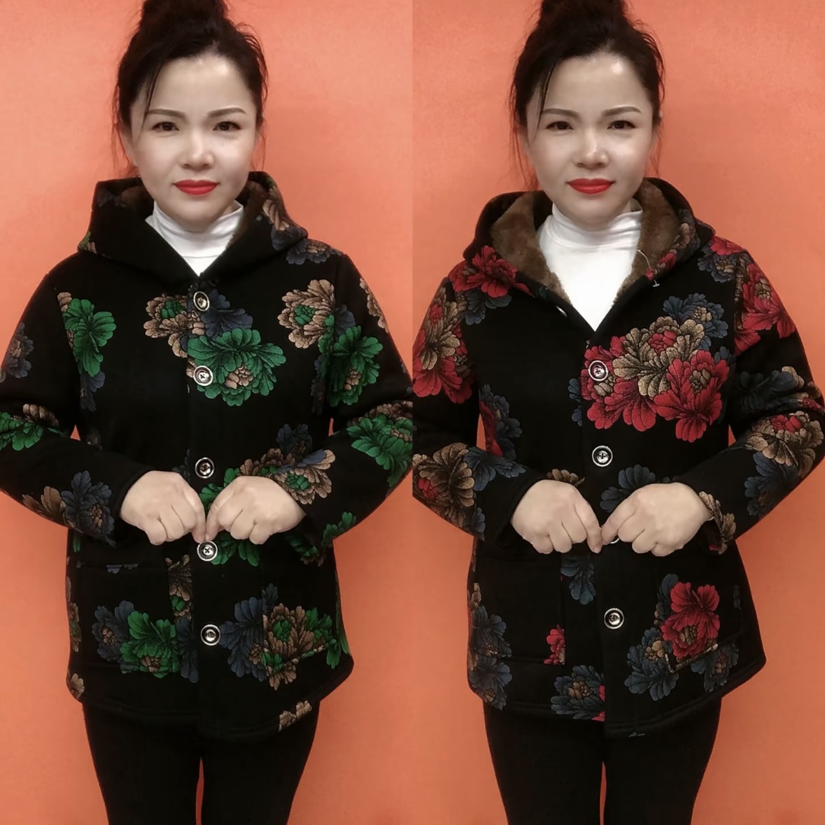 秋冬加绒保暖大花连帽女外套棉服