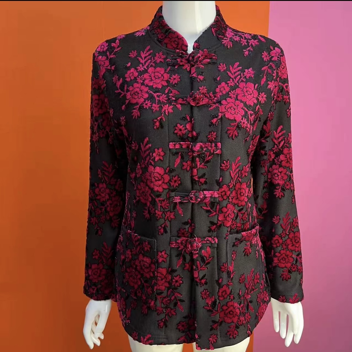 秋冬加绒花色女士保暖开衫国风潮