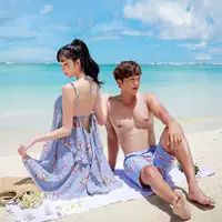 Cặp đôi đồ bơi nữ ba mảnh che bụng giảm béo bên bờ biển kỳ nghỉ quần nam quần bikini bikini phù hợp với bãi biển - Vài đồ bơi 	đồ đôi đi biển màu trắng	