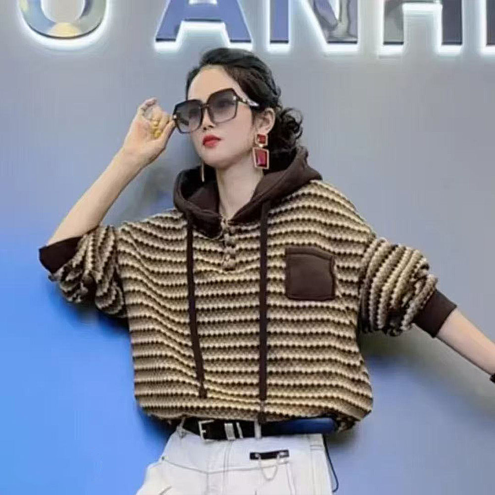 秋冬条纹拼色卫衣连帽长袖上衣