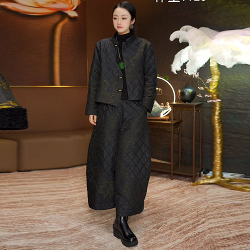 盘扣立领夹棉上衣+休闲裤两件套