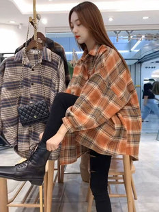 复古磨毛加绒加厚格子衬衣女秋冬新款百搭设计感宽松毛呢外套上衣