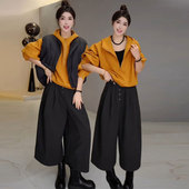 毛呢九分裤 大码 3件套 套装 女圆领羽绒马甲连帽卫衣 时尚 秋冬新款