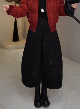 黑色细闪加绒阔腿九分裤女冬季流行高腰显瘦法式高级感洋气休闲裤