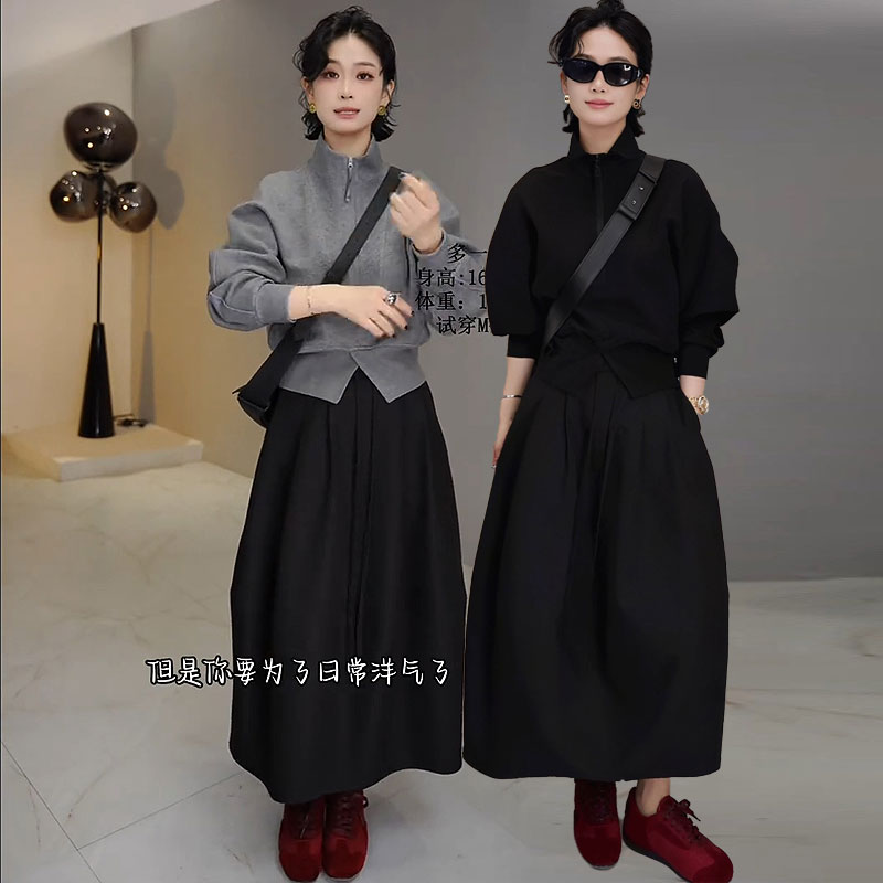 大码半拉链卫衣+西装花苞裙套装