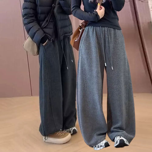 松紧腰抽绳阔腿弯刀加绒裤女秋冬