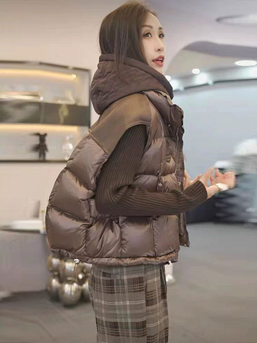 拉链短款立领皮PU拼接羽绒马甲