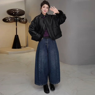 欧货时尚两面穿皮衣牛仔裤套装女秋冬新款加绒外加绒牛仔裤两件套