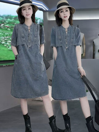 欧货高端薄款牛仔连衣裙女2025夏季新款设计感宽松遮肚中长款裙子